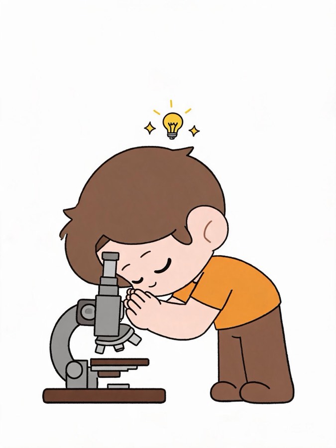 biology 的助记梗图：学生对着显微镜拜，记下生物
